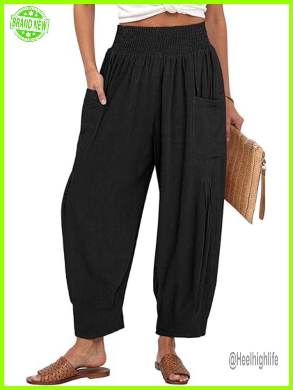 Linen Blend High Waist Wide Leg Palazzo Harem Pants with Pockets